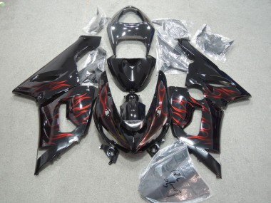 Schwarz rote Flamme Kawasaki ZX6R 2005-2006 Verkleidungen